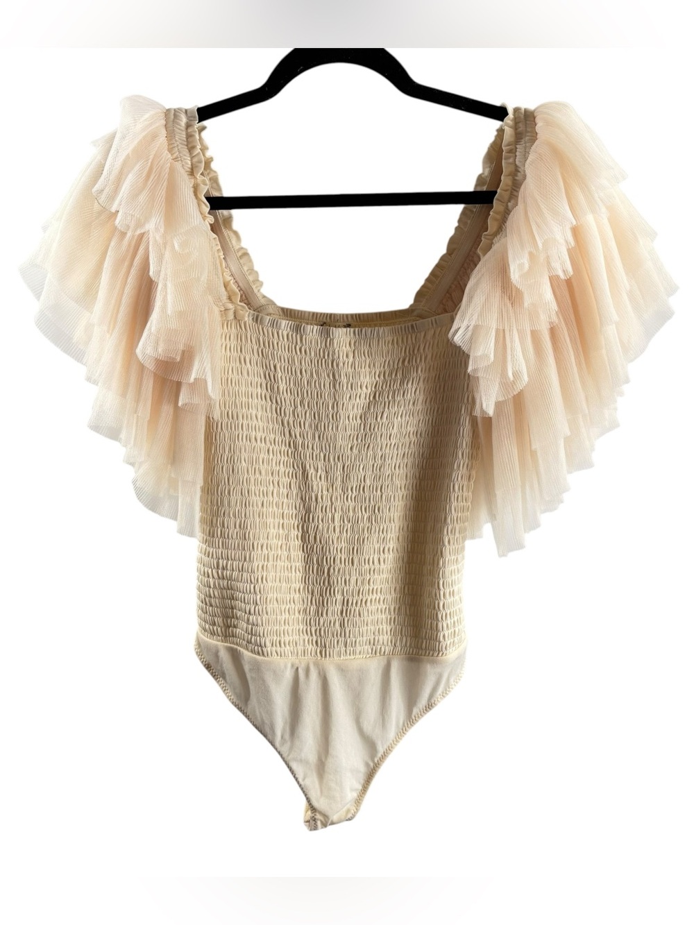INTIMATELY FREE PEOPLE FP Cream Ruffled Tulle Sleeve Smocked Bodysuit NWT $88
